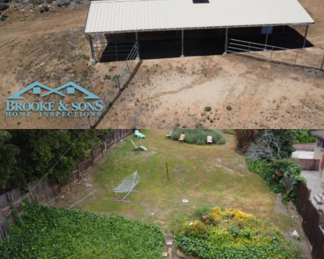 aerial view of empty land and backyard